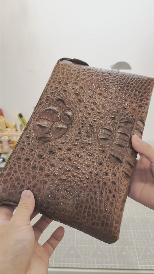 Handmade Genuine Alligator Clutch Bag, Glossy Brown Natural Texture Artisanal Zip-around Purse with Wrist Strap