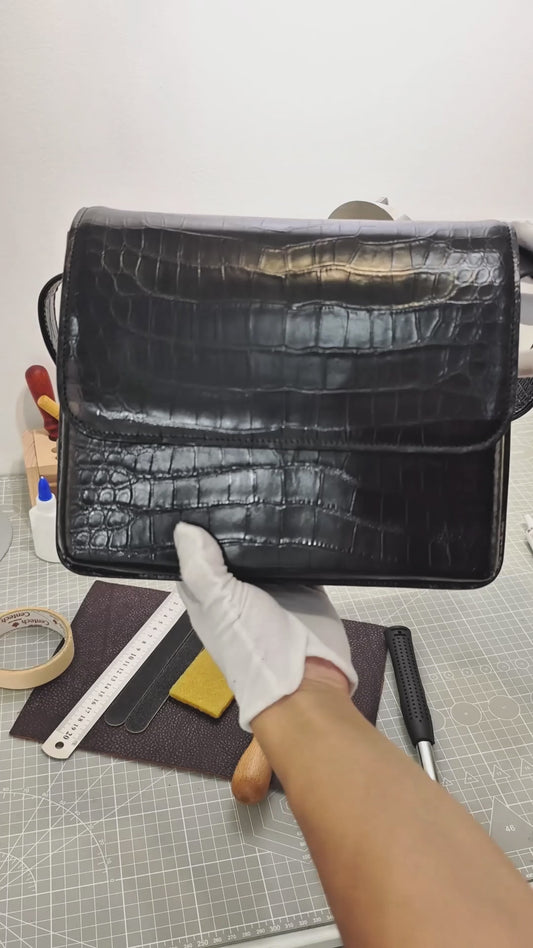 Handmade Genuine Alligator Belly Leather Crossbody Bag, Glossy Black Practical Daily  Essential