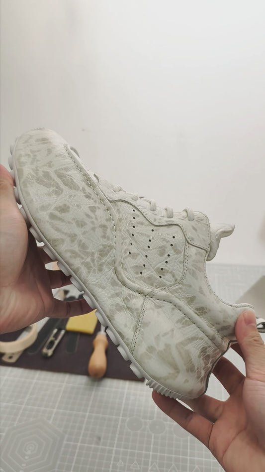 Handmade Genuine Bison Leather Sneakers, Light Gray-White Pattern with Ultra-Light Base