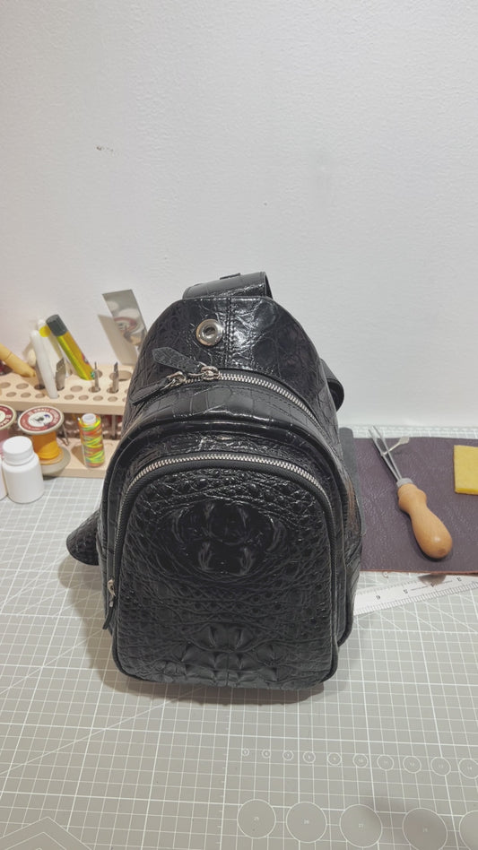 Handmade Genuine Alligator Leather Crossbody Bag, Glossy Black Adjustable Shoulder Strap