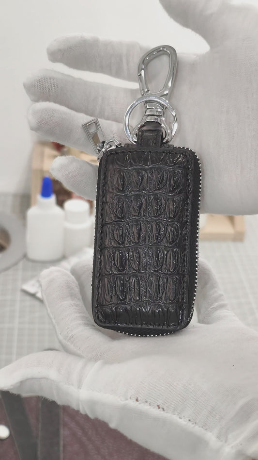 Handmade Genuine Alligator Leather Car Key Fob Case Protector, Glossy Black Natural Texture Artisanal Zip-around Design with Keychain