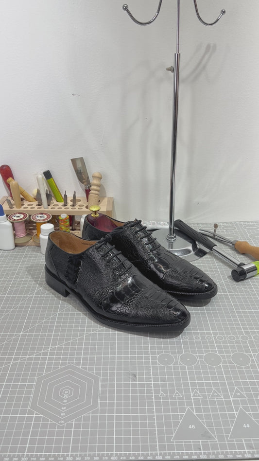 Handmade Genuine Ostrich Leather Oxford Shoes, Glossy Black with Real Leather Sole