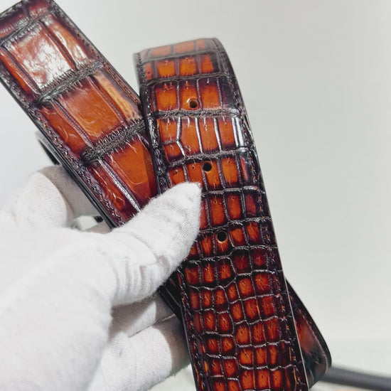 video demonstrating amber brown genuine alligator belly leather prong belt