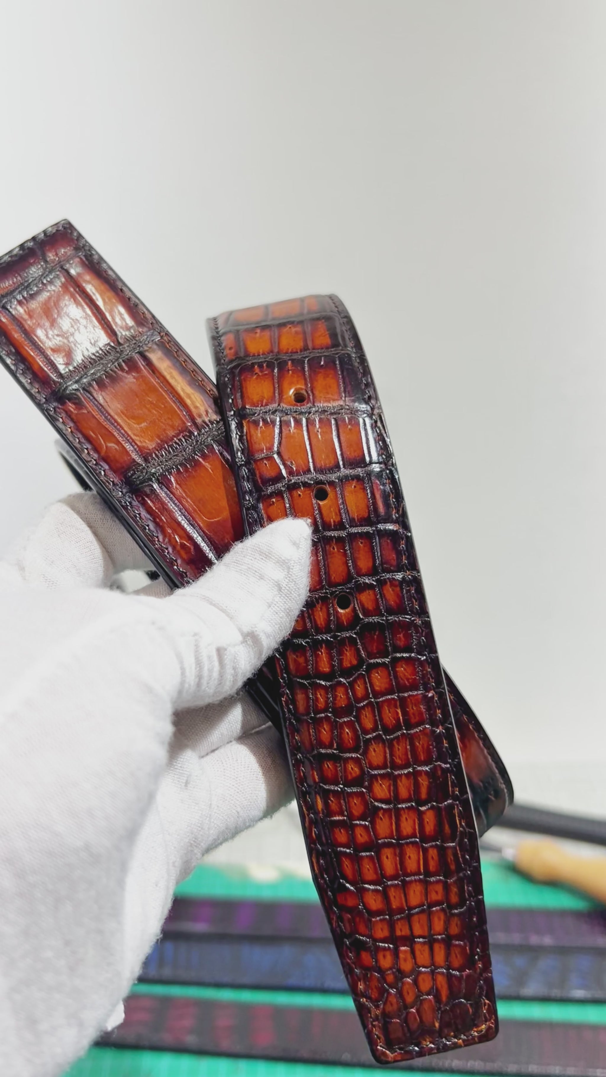video demonstrating amber brown genuine alligator belly leather prong belt