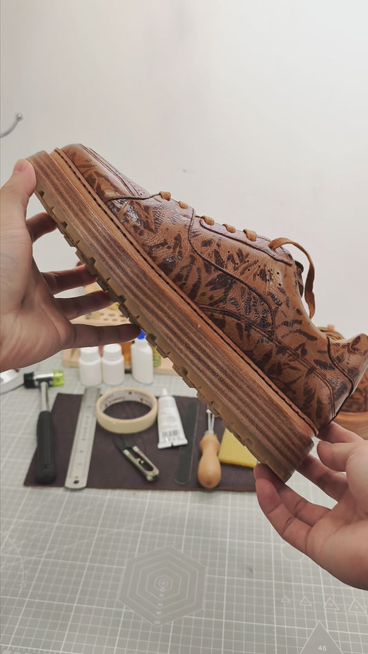 Handmade Genuine Bison Leather Sneakers, Brown Leopard Pattern with Chunky Sole