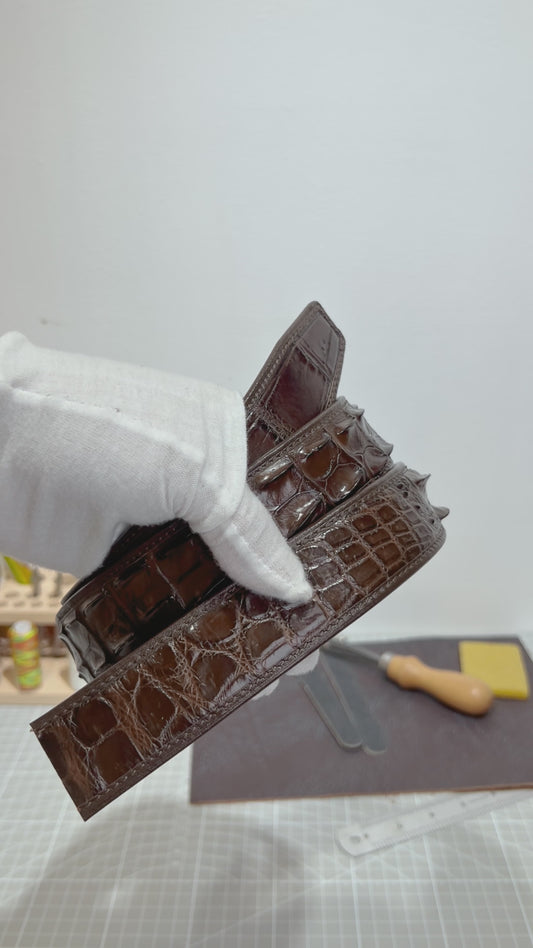 Handmade Genuine Alligator Horn Leather Ratchet Belt, Dark Brown High-Gloss Texture