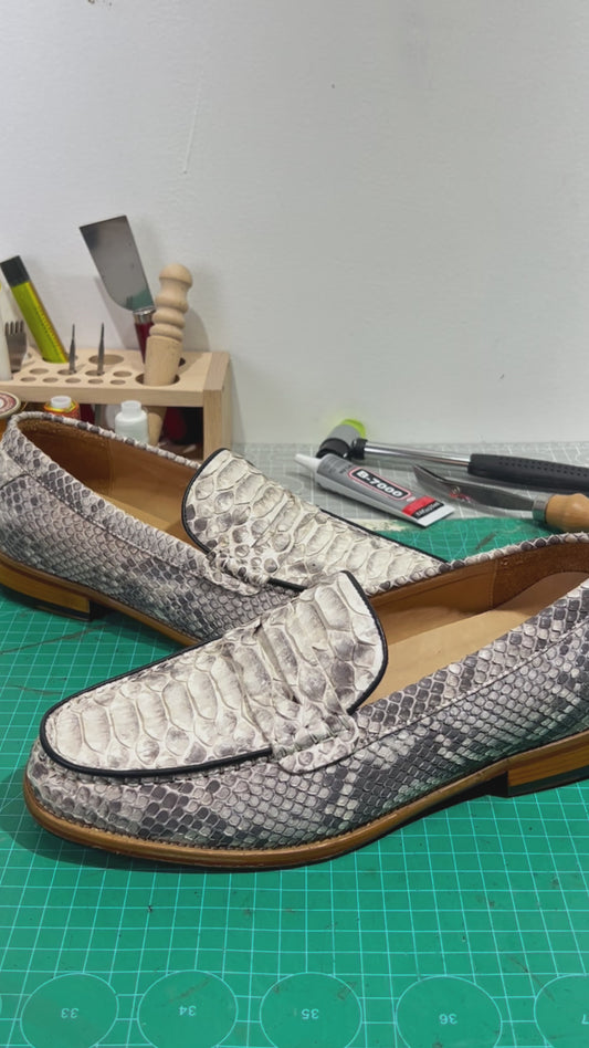 Handmade Genuine Python Leather Loafers, Natural Gray-White Scale Pattern with Real Leather Sole