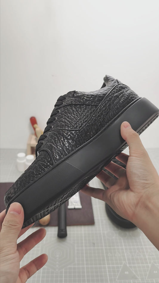 Handmade Genuine Bison Leather Sneakers, All-Black Textured Shoes with Chunky Sole
