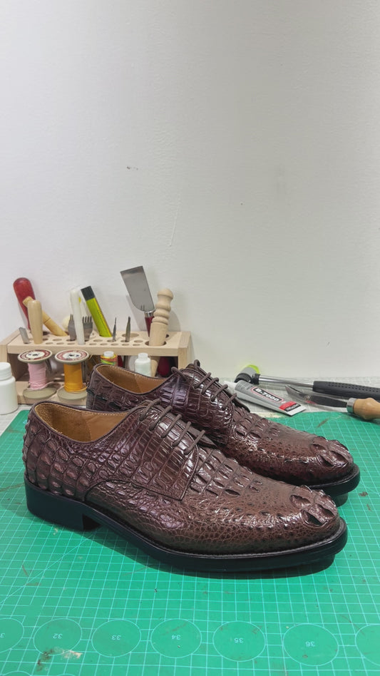 Handmade Genuine Alligator Bone Leather Derby Shoes, Rich Brown Business Dress Shoes