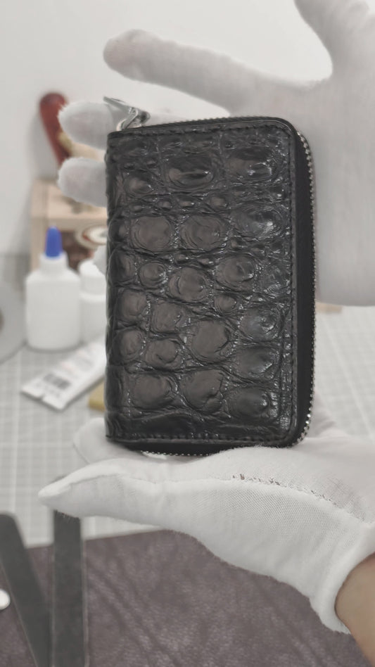 Handmade Genuine Alligator Leather Card & Keys Wallet Case : Glossy Black with Built-in Hooks