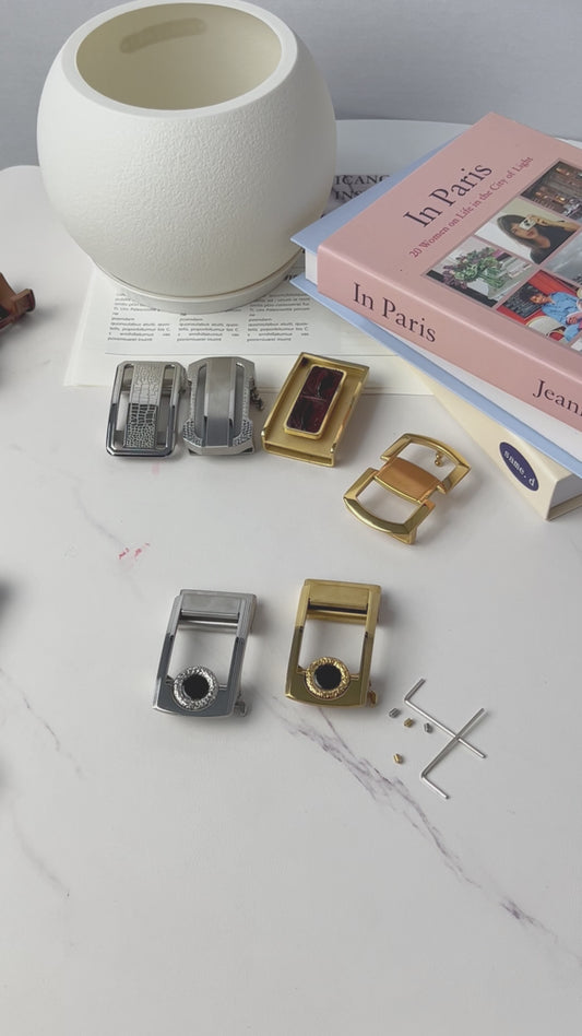 Gem-Embellished Metal Automatic Belt Buckle, Dual-Tone