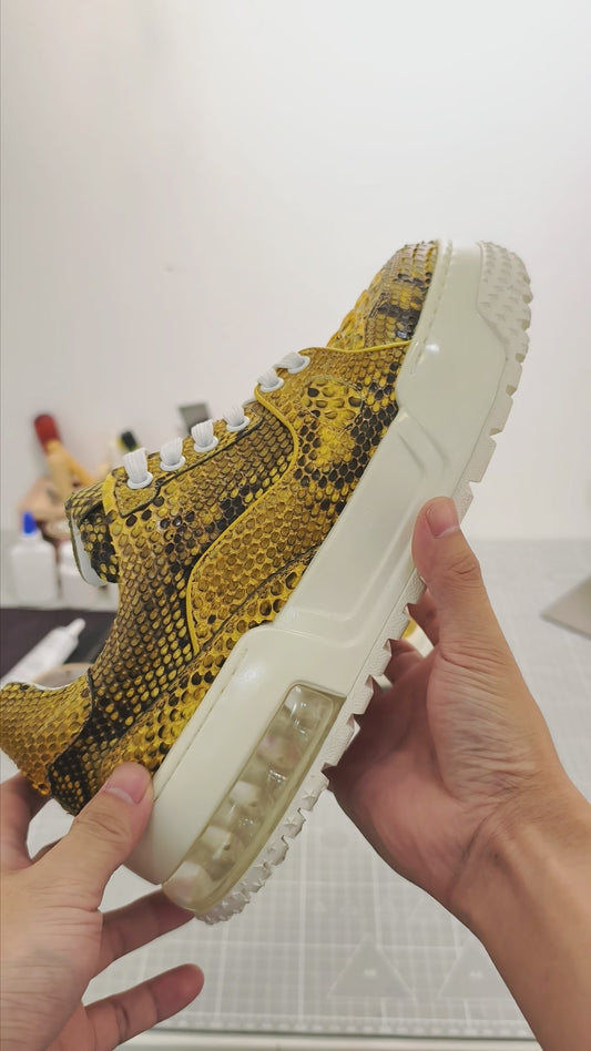 Handmade Genuine Python Leather Sneakers, Luxe Gold Painted Shoes Design with Air Cushion Sole