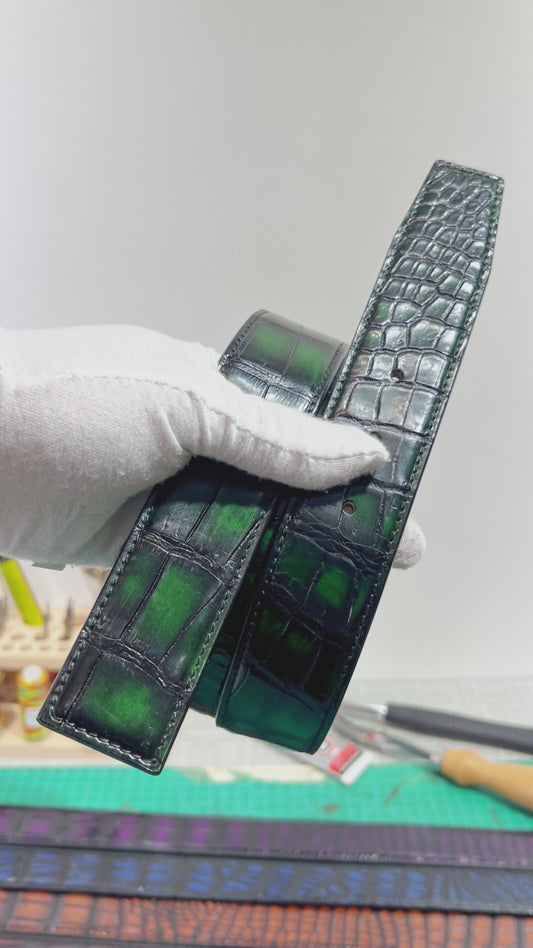 Handmade Genuine Alligator Belly Leather Pin Buckle Belt, Black & Emerald Green High-Gloss Texture