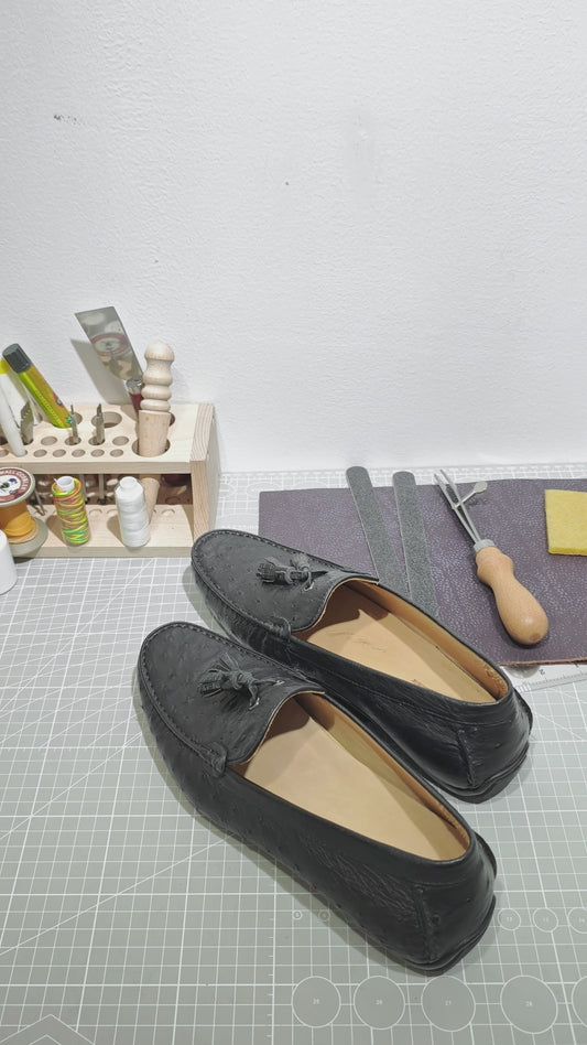 Handmade Genuine Ostrich Leather Tassel Loafer Shoes, Glossy Black