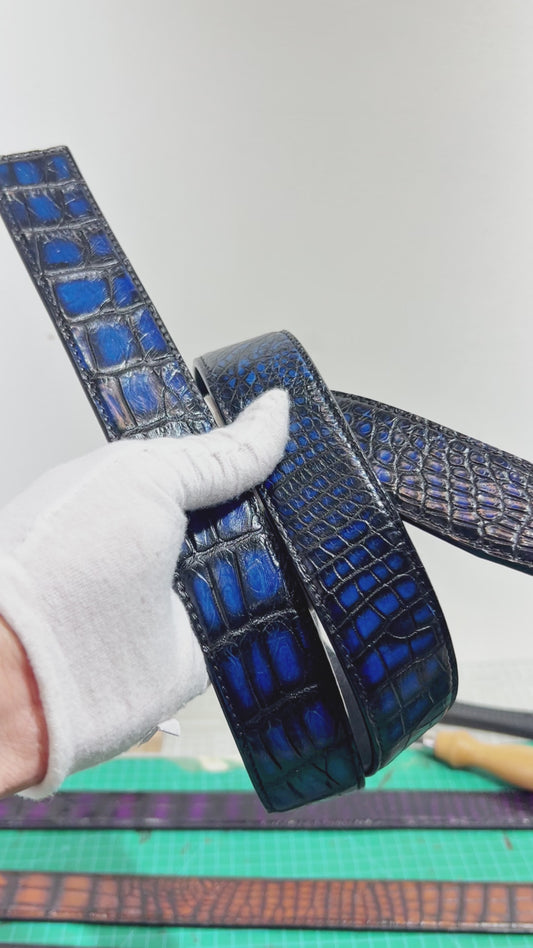 Handmade Genuine Alligator Leather Belt, Blue-Black Gradient Glossy Texture Fit for Prong Buckle