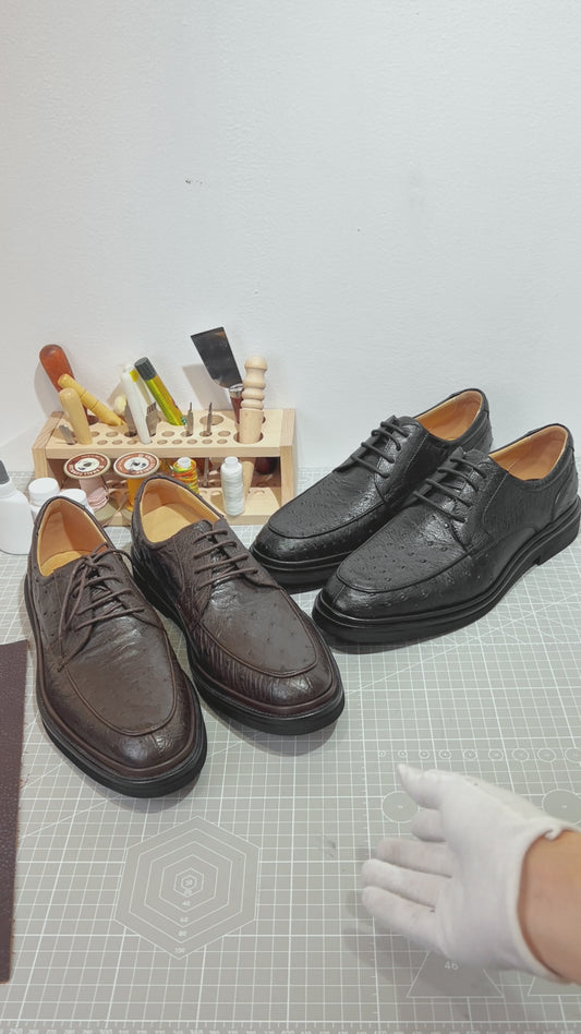 video demonstrating brown black genuine ostrich leather oxford shoes