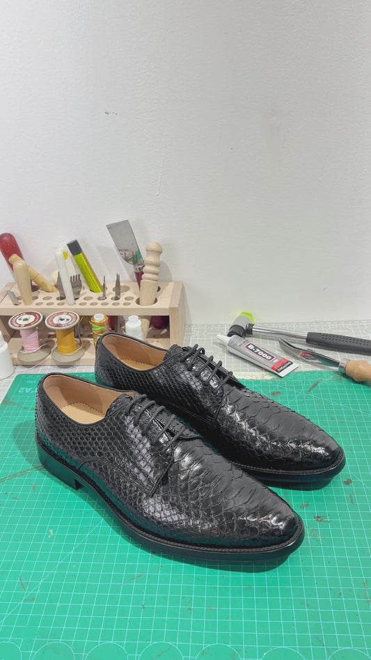 Handmade Genuine Python Leather Oxford Shoes, Glossy Black with Real Leather Sole
