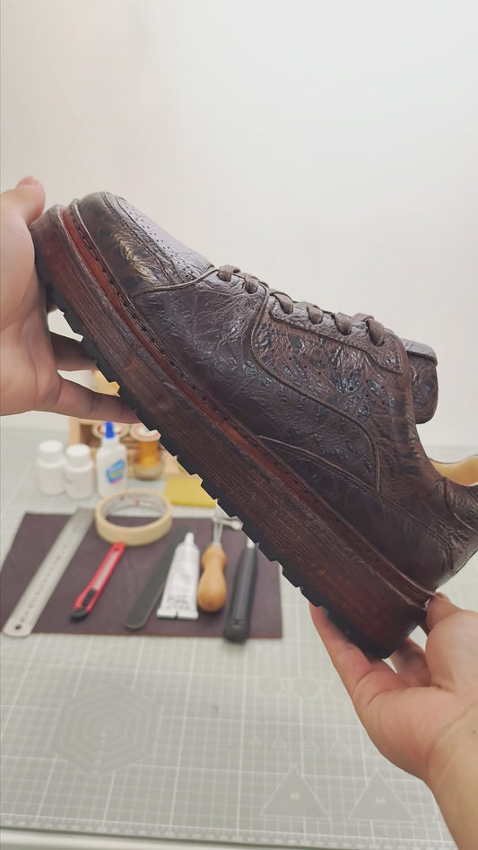 Handmade Genuine Bison Leather Sneakers, Dark Brown Textured with Chunky Sole
