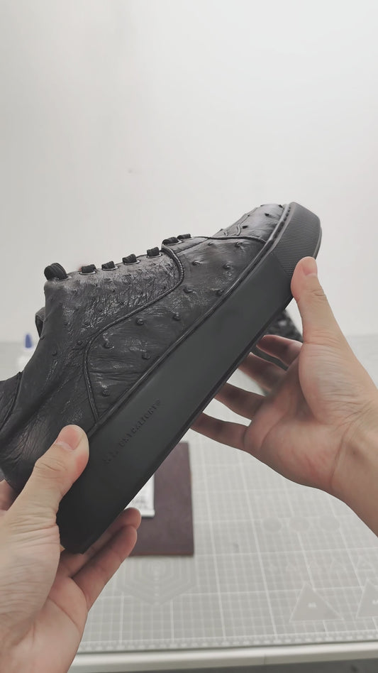 Handmade Genuine Ostrich Leather Sneakers, All-Black Design with Italian-Brand Sole