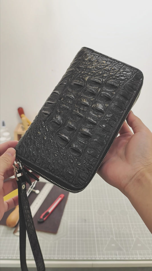 Handmade Genuine Alligator Clutch Bag, Glossy Black Purse with Detachable Wrist Strap