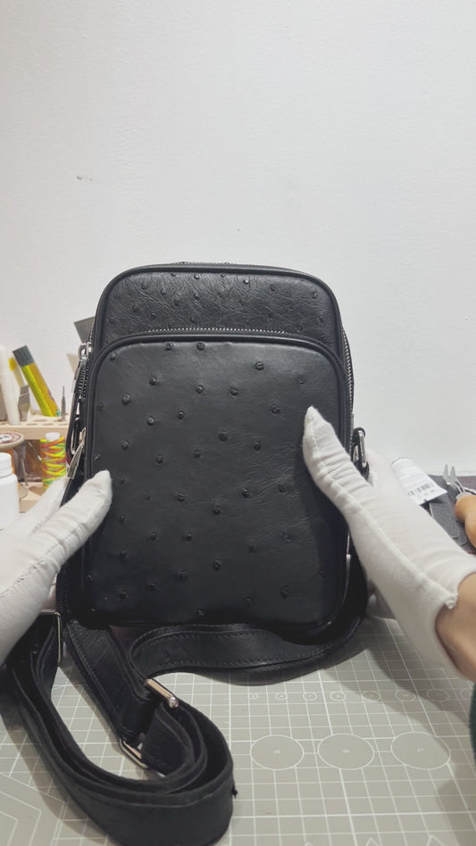 Handmade Genuine Ostrich Leather Crossbody Bag, Matte Black with Silver Hardware & Multi-Pocket Structure
