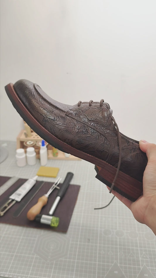 Handmade Genuine Bison Leather Oxford Shoes, Dark Brown Textured