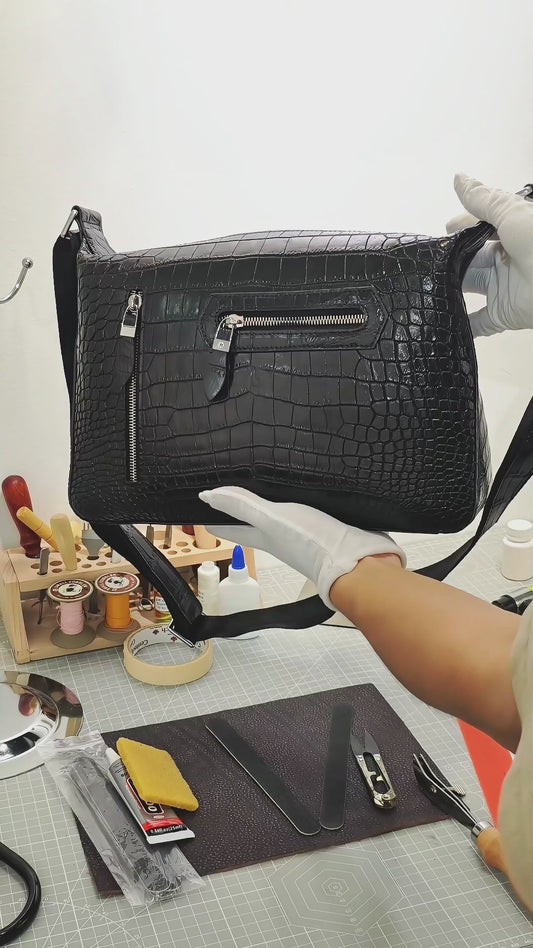 Handmade Genuine Alligator Leather Messenger Bag, Glossy Black with Silver-Tone Hardware & Multi-Zip Pocket Design