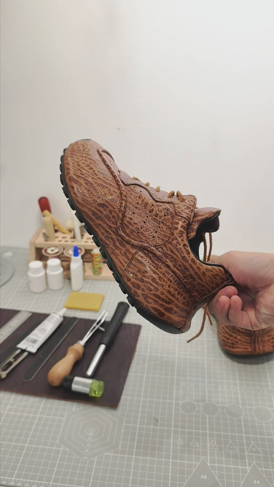 Handmade Genuine Bison Leather Sneakers, Tan Textured with Full-Wrap Sole & Ultra-Light Base