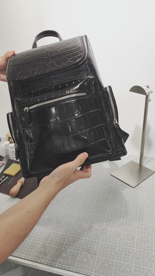 Handmade Genuine Alligator Belly Leather Backpack, Glossy Black with Silver-Tone Hardware & Multi-Zip Pocket Design