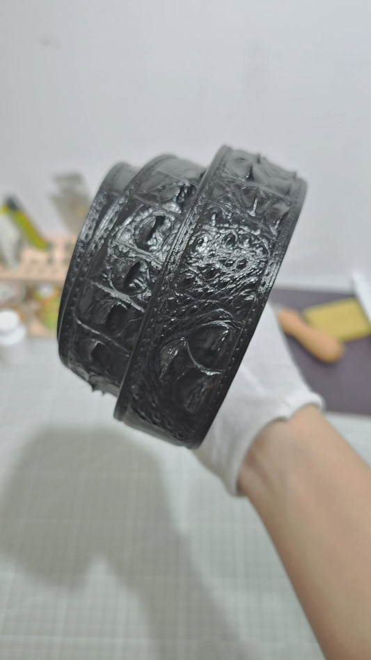 Handmade Genuine Alligator Horn Leather Belt, Black High-Gloss Texture Fit for Prong Buckle