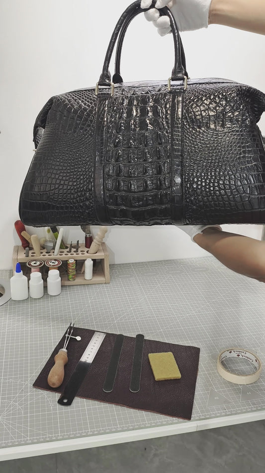 Handmade Genuine Alligator Leather Travel/Duffel Bag, Glossy Black with Spacious Structured Design