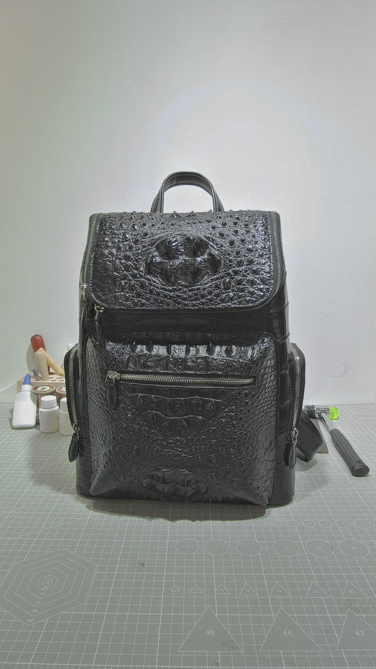 Handmade Genuine Alligator Leather Backpack, Glossy Black Multi-Zip Storage Design