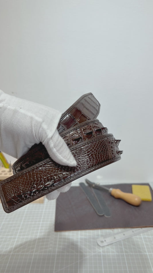 Handmade Genuine Alligator Horn Leather Belt, Dark Brown High-Gloss Texture Fit for Prong Buckle