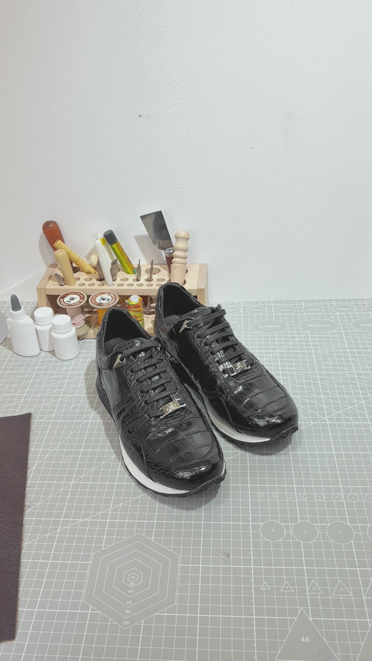 Handmade Genuine Alligator Leather Sneakers, Glossy Black – Statement Metal Accents & Luxe Casual Style Shoes