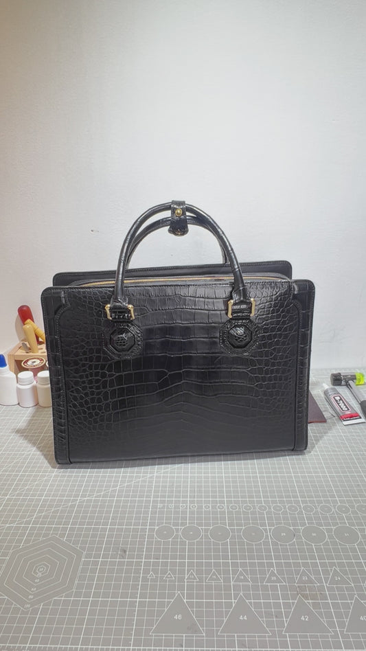 Handmade Genuine Alligator Leather Briefcase, Glossy Black with Gold Hardware & Dual-Carry Design