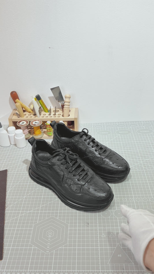 Handmade Genuine Ostrich Leather Sneakers, Glossy Black – Ultra-Light Air Cushion Sole & Luxe Casual Comfort