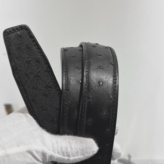 video demonstrating black genuine ostrich leather ratchet belt