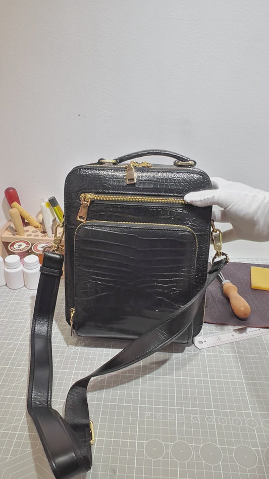 Handmade Genuine Alligator Leather Bag, Glossy Black with Gold Hardware & Multi-Pocket Design