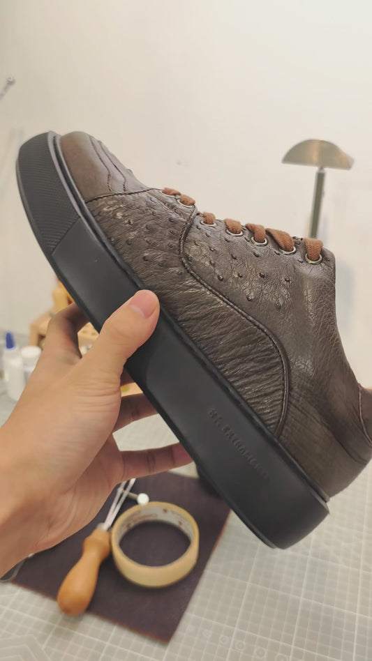 Handmade Genuine Ostrich Leather Sneakers, Rich Brown Design with Italian-Brand Sole