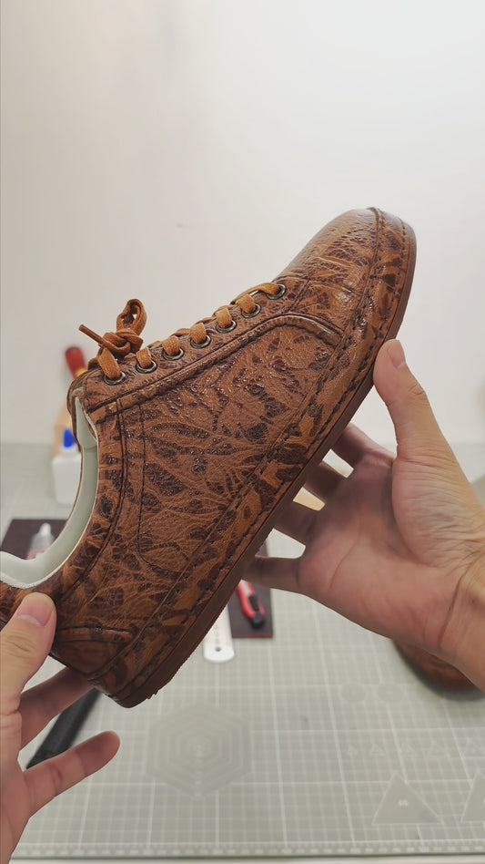 Handmade Genuine Bison Leather Sneakers, Tan Textured with Coordinated Sole