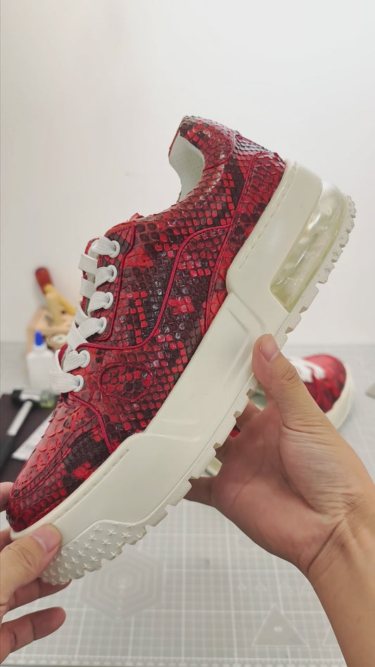 Handmade Genuine Python Leather Sneakers, Bold Red Painted Shoes Design with Air Cushion Sole