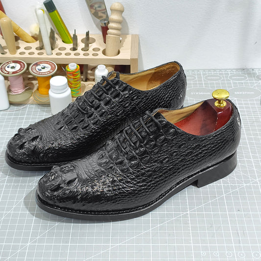 Handmade Genuine Alligator Leather Oxford Shoes, Glossy Black – Exquisite Textural Luxury & Formal Elegance