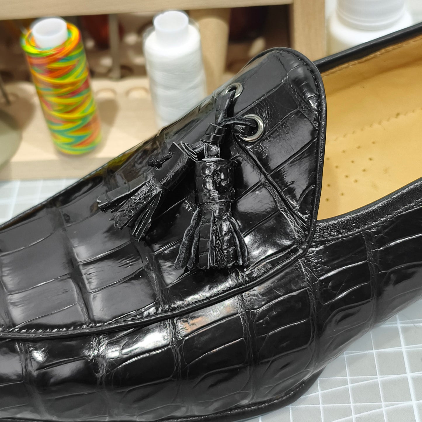 Handmade Genuine Alligator Leather Tassel Loafers, Glossy Black Shoes – Upscale Casual Luxury & Effortless Style