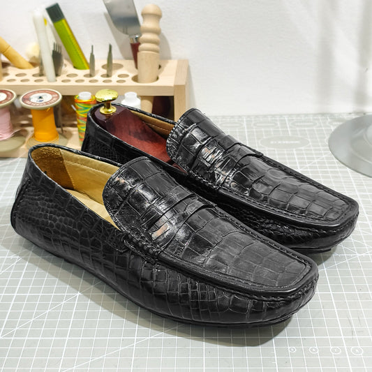 Handmade Genuine Alligator Belly Leather Penny Loafers, Glossy Black – Effortless Luxury & Daily Versatility Shoes