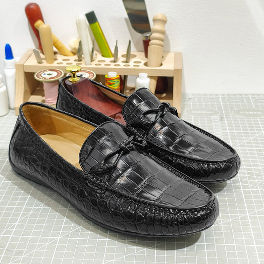 Handmade Genuine Alligator Belly Leather Knot Loafers Shoes, Glossy Black – Effortless Luxury & Daily Versatility
