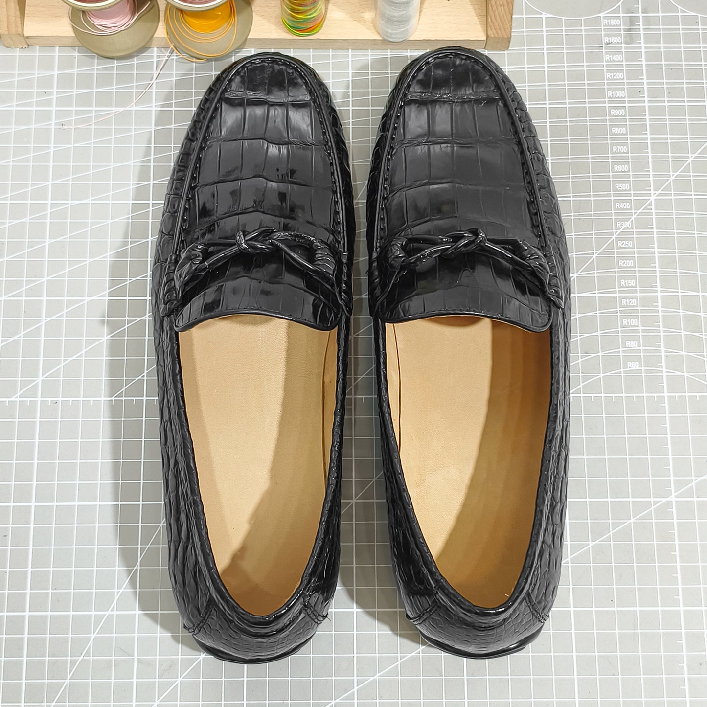 Handmade Genuine Alligator Belly Leather Knot Loafers Shoes, Glossy Black – Effortless Luxury & Daily Versatility