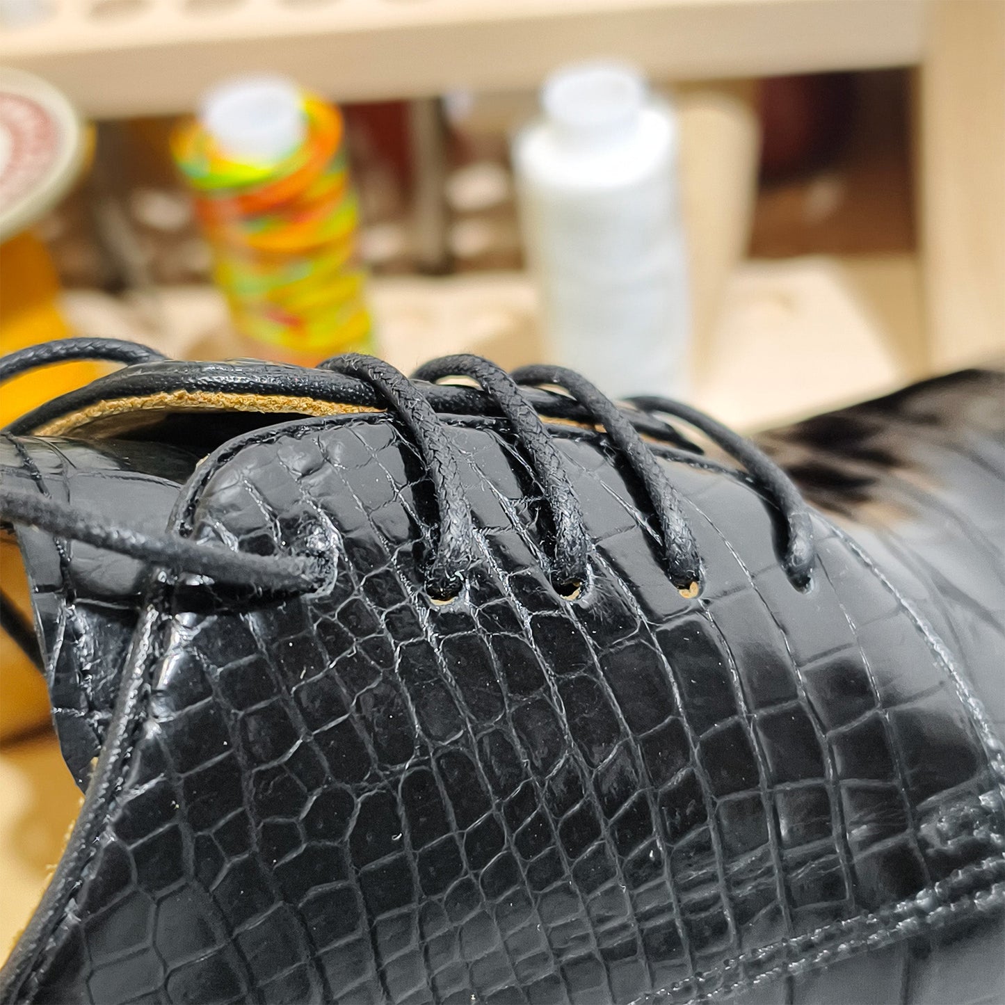 Handmade Genuine Alligator Leather Oxford Shoes, Glossy Black with Premium Artisanal Details