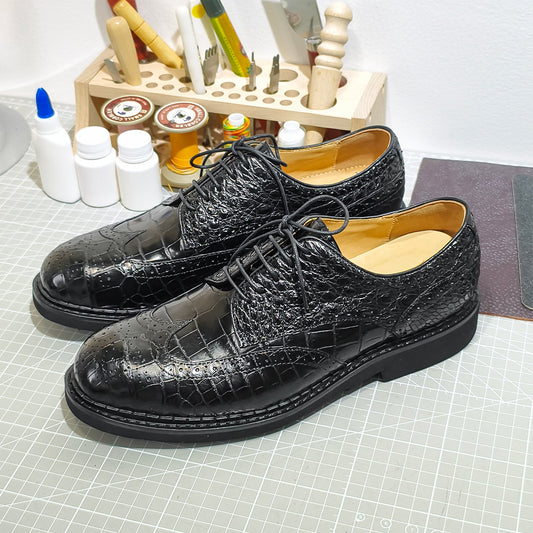 Handmade Genuine Alligator Leather Oxford Shoes, Glossy Black – Norwegian Welt & Brogue Artisanal Details