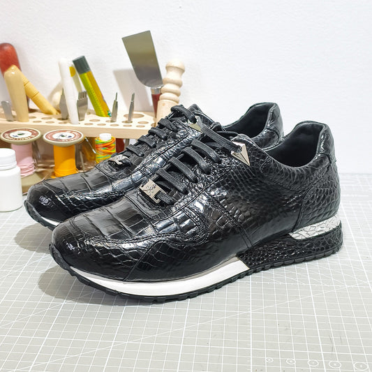 Handmade Genuine Alligator Leather Sneakers, Glossy Black – Statement Metal Accents & Luxe Casual Style Shoes