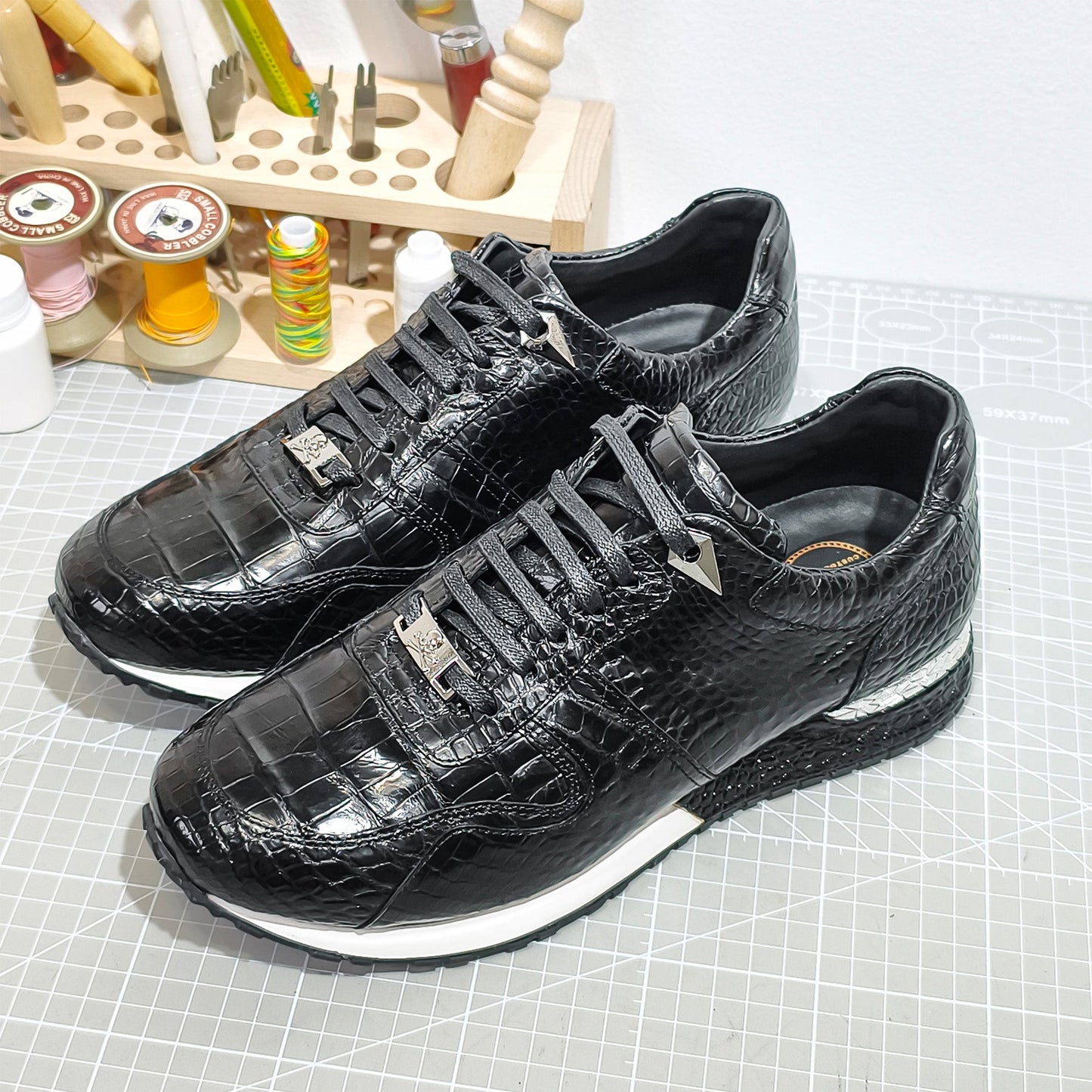 Handmade Genuine Alligator Leather Sneakers, Glossy Black – Statement Metal Accents & Luxe Casual Style Shoes